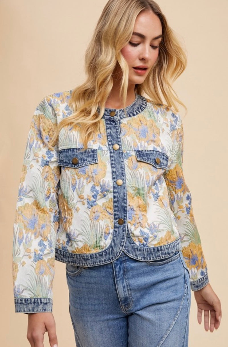 Floral Jacquard Denim Contrast Jacket