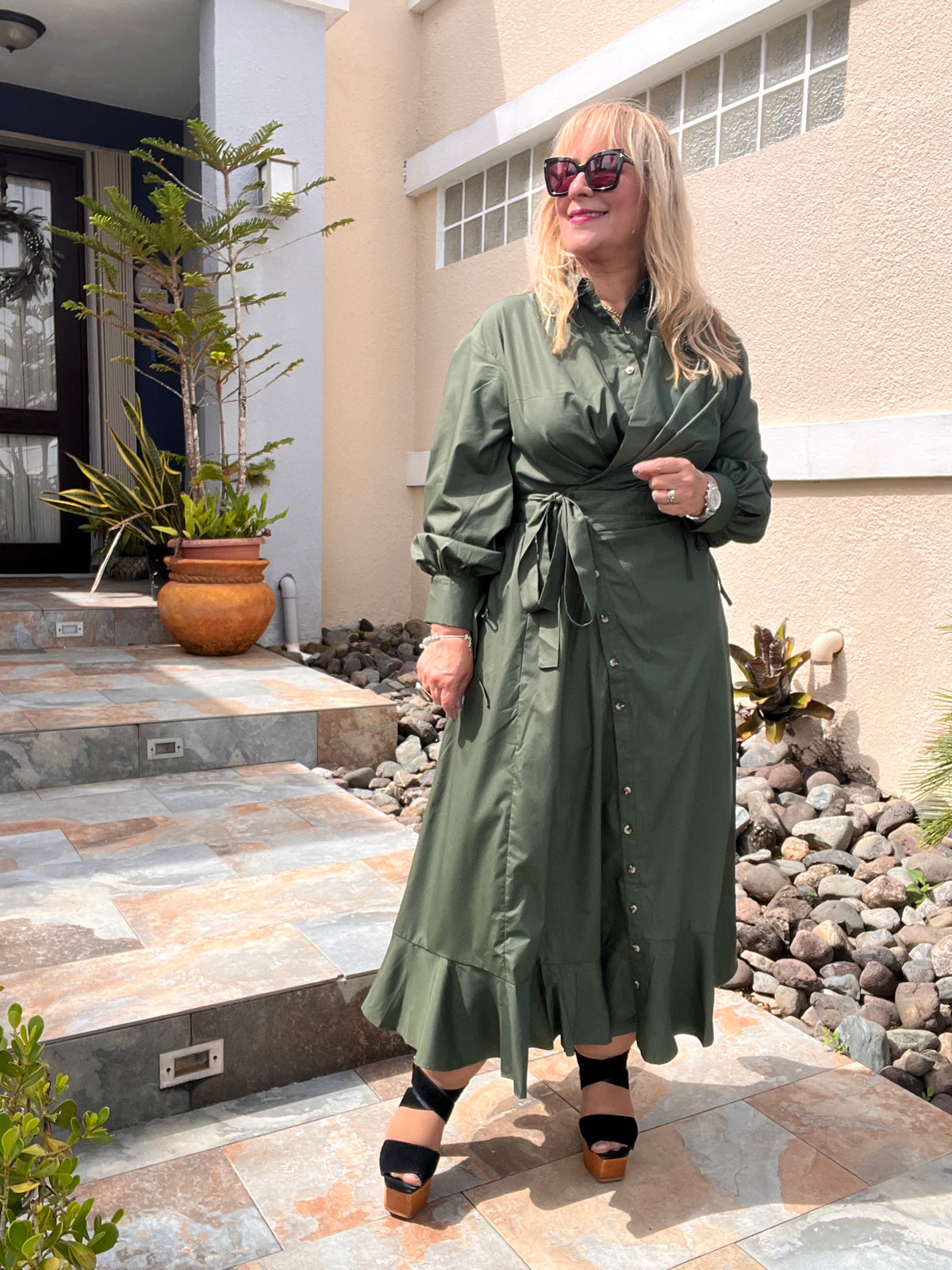 Army Green Asymmetrical Button Down Midi Dress -True to size