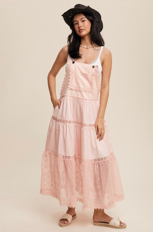 Peach Amber Embroidered Straps Lace Overall Dress