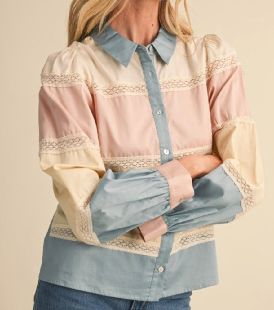 Dusty Blue Color Block Lace Trim Tiered Cotton Blouse - Arriving 9/25/26