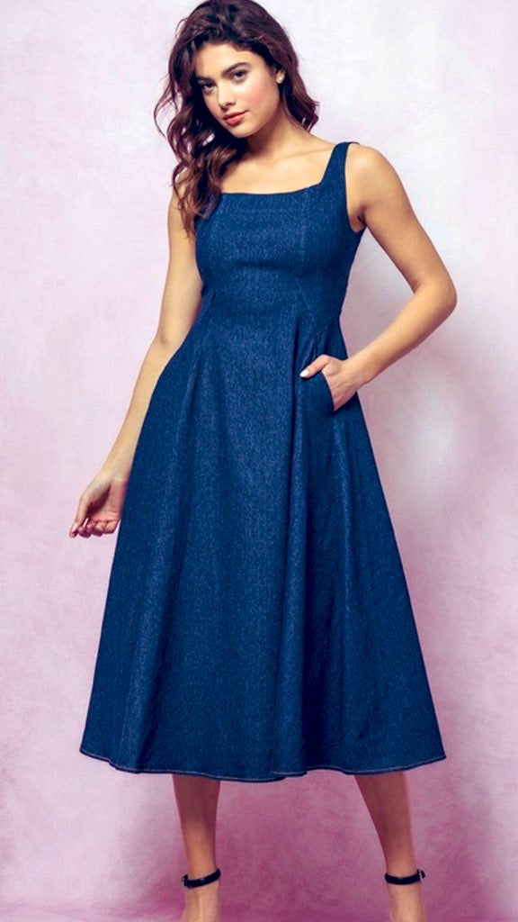 A-line Midi Dark Denim Dress- New 💫