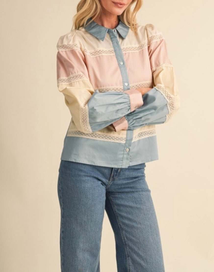 Dusty Blue Color Block Lace Trim Tiered Cotton Blouse - Arriving 9/25/26