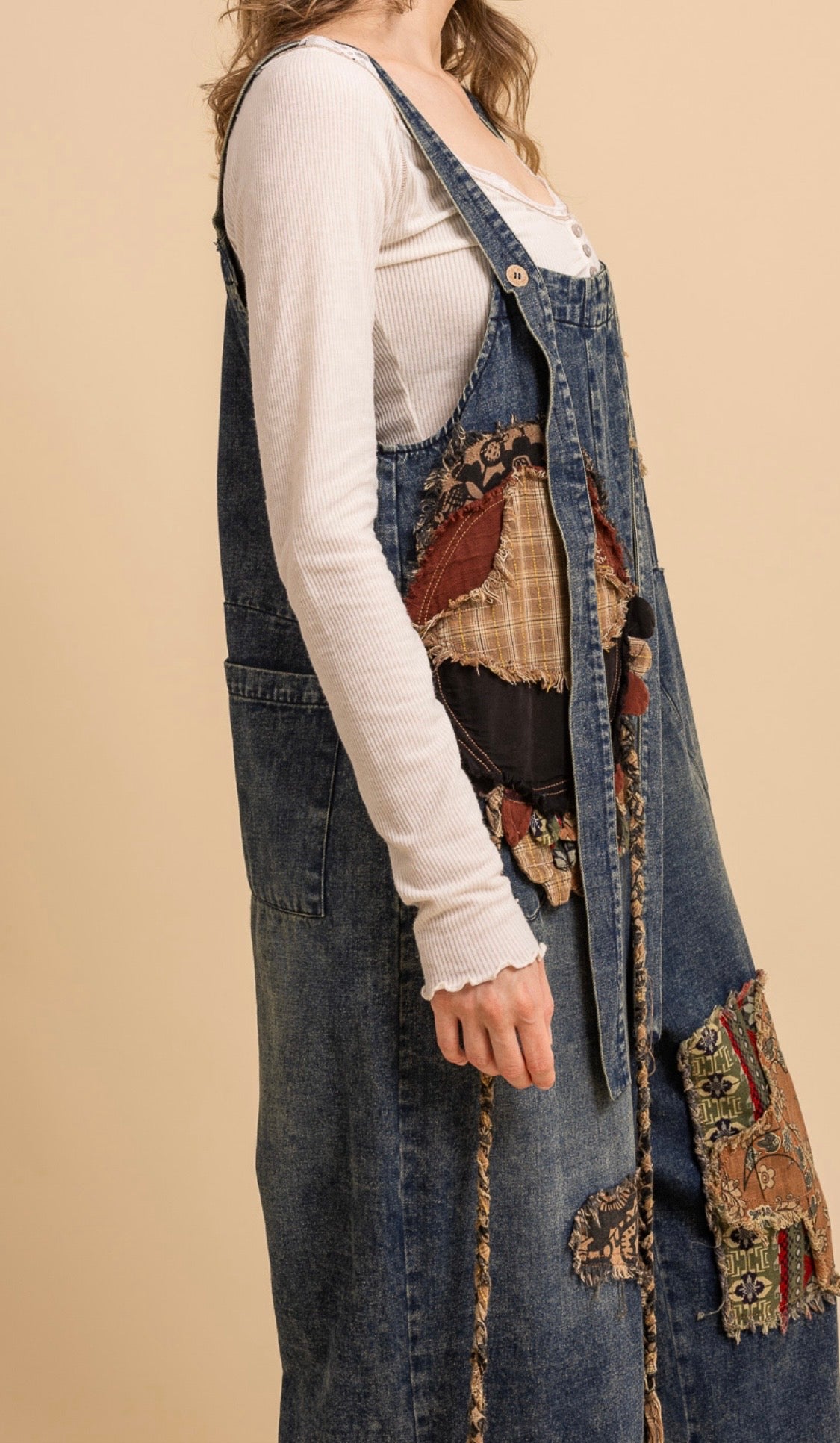 Patchwork Slouchy Denim Bib Overalls - PREORDER ARRIVING 9/2/26