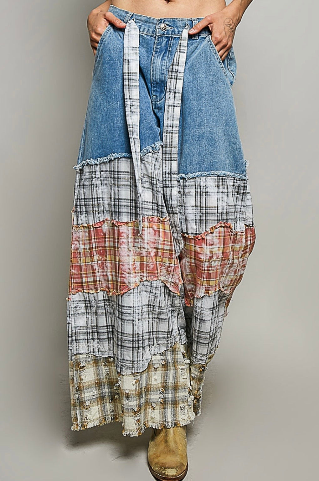 Boho Patchwork Wide Leg Denim Pants – Vintage-Inspired Statement Jeans