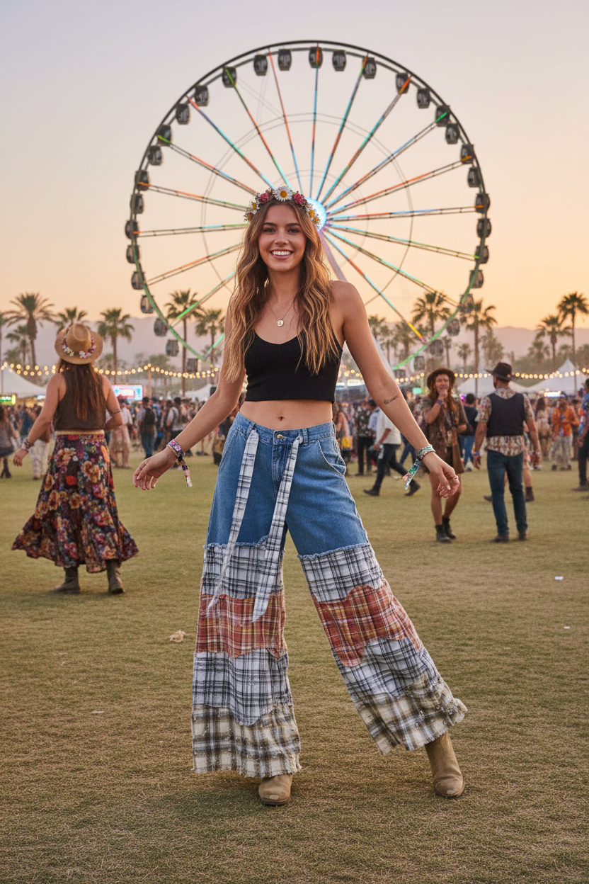 A woman stands on a grassy festival field with a large Ferris wheel and other people in the background. She is wearing a black crop top and wide-leg patchwork pants with blue denim and plaid sections, along with tan boots.