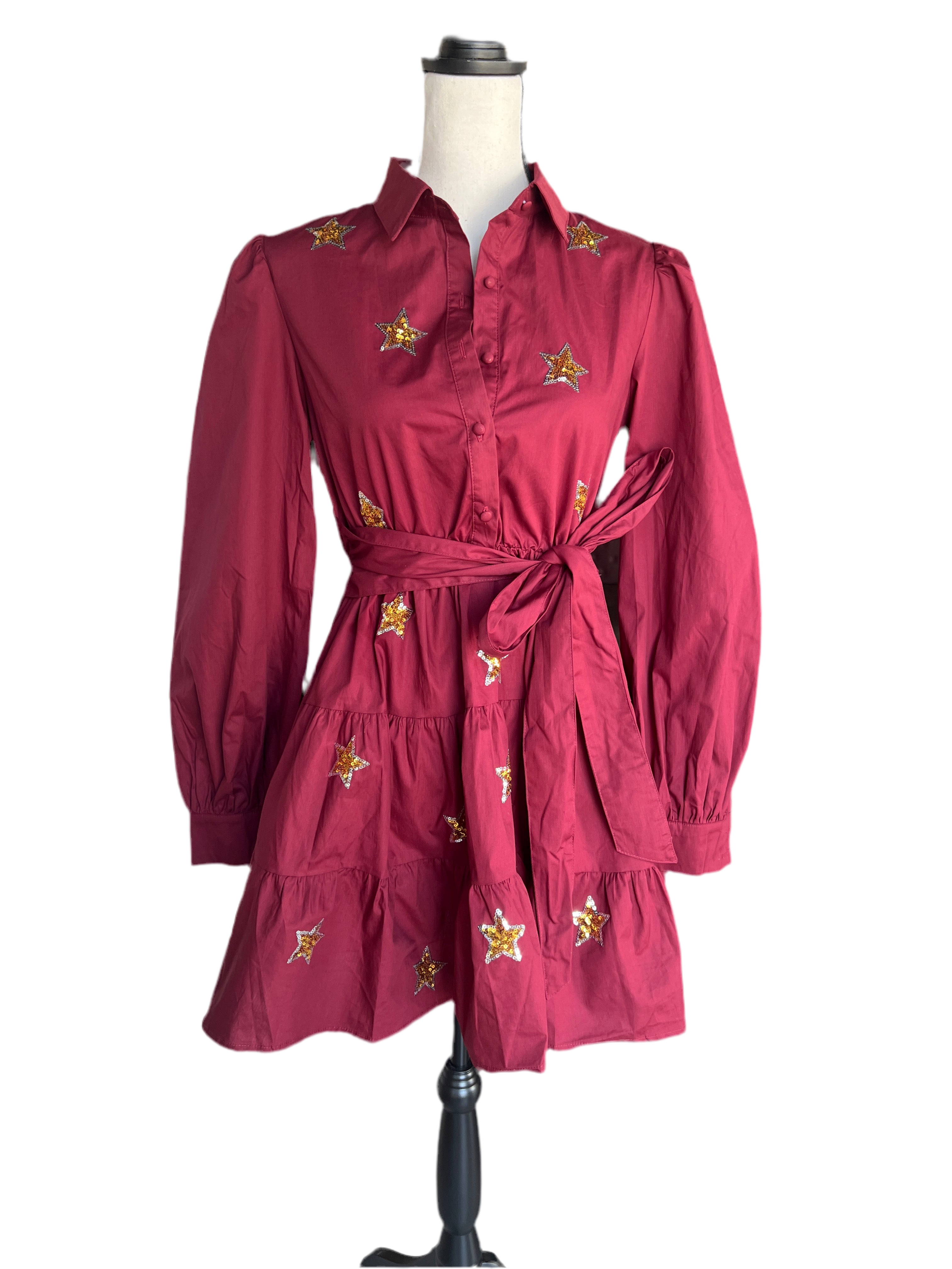 Wine Gold Star Appliqué Mini Dress