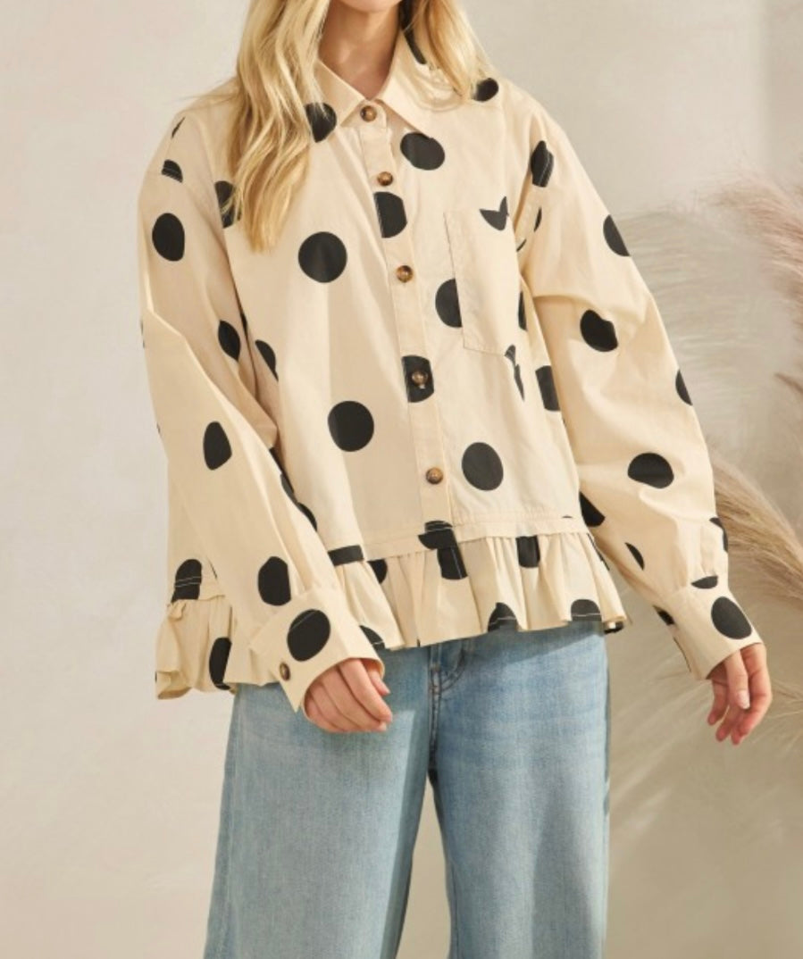 Polka Dot Ruffle Hem Long Sleeve blouse