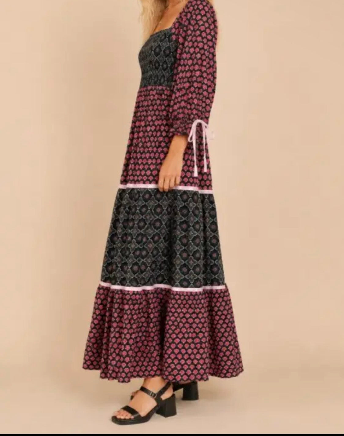 Mixed Pattern color block 3/4 sleeve Maxi Dress