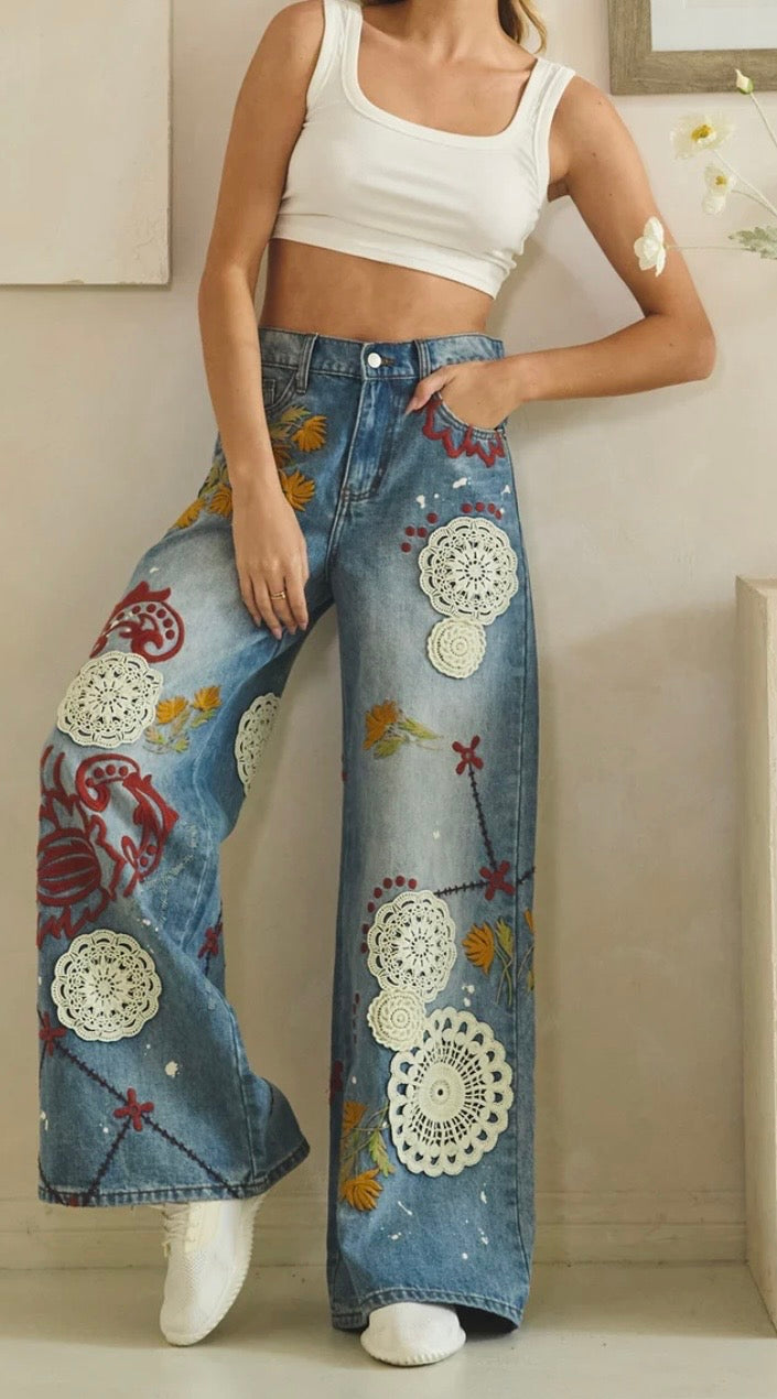 WASHED EMBROIDERY WIDE LEG DENIM PANTS - PREORDER