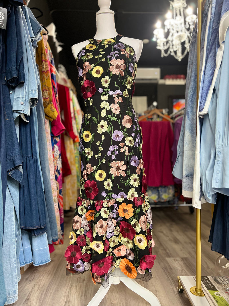 Hi Neck 3D Floral Midi Dress - Bellasbylola.com