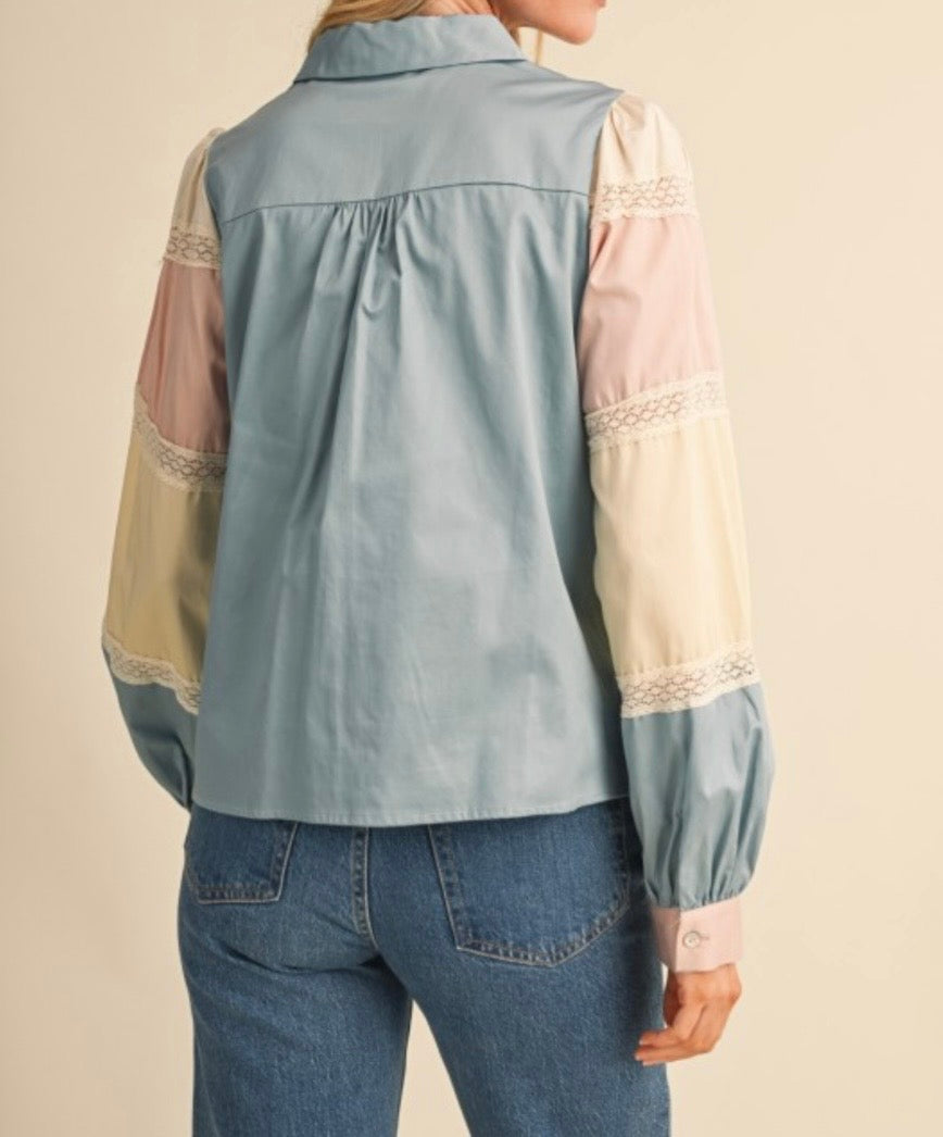Dusty Blue Color Block Lace Trim Tiered Cotton Blouse - Arriving 9/25/26
