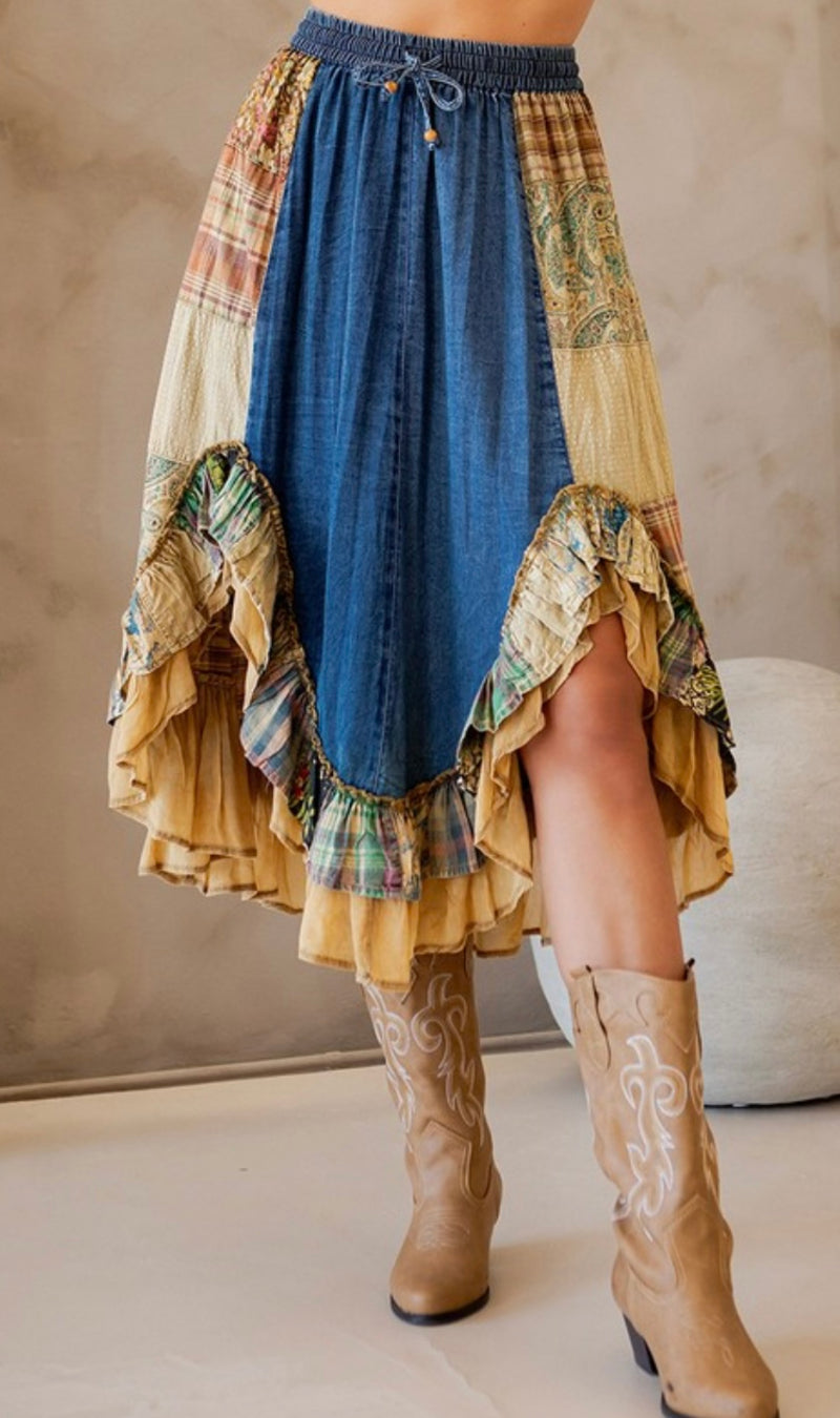 Bohemian Patch Denim Midi Skirt