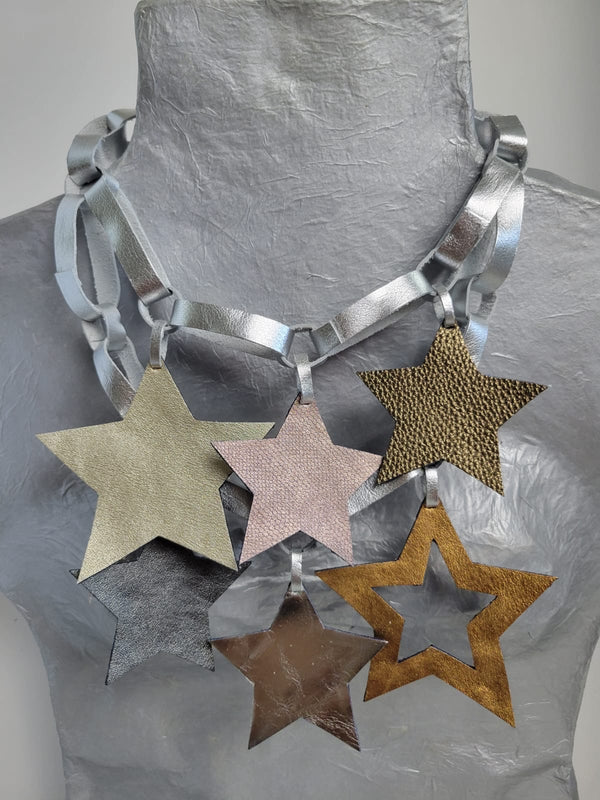 Silver Leather with Gold Stars Necklace by Arlene Diaz 🇵🇷 - Bellasbylola.com