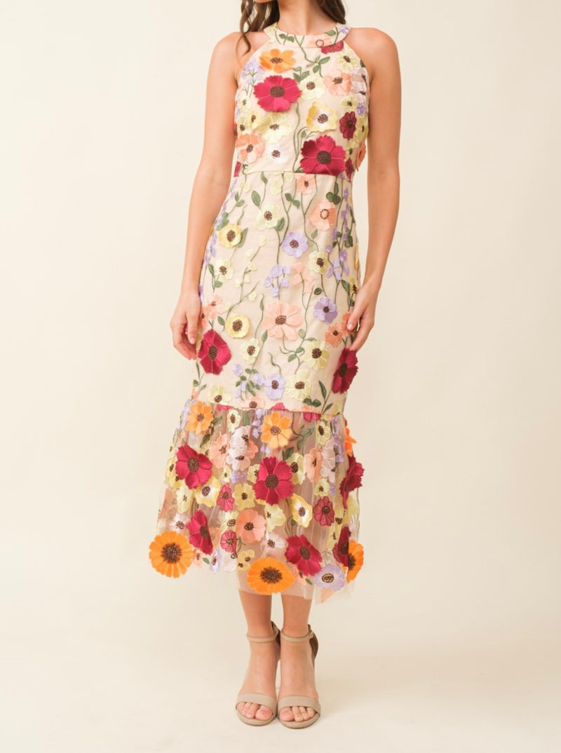 Hi Neck 3D Floral Midi Dress - Bellasbylola.com