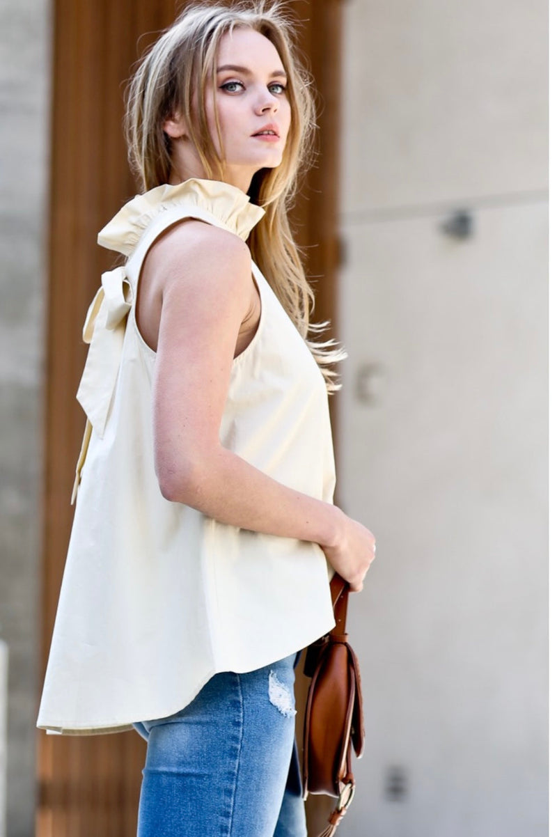 Ruffle Neck Tie Back Top-White - Bellasbylola.com