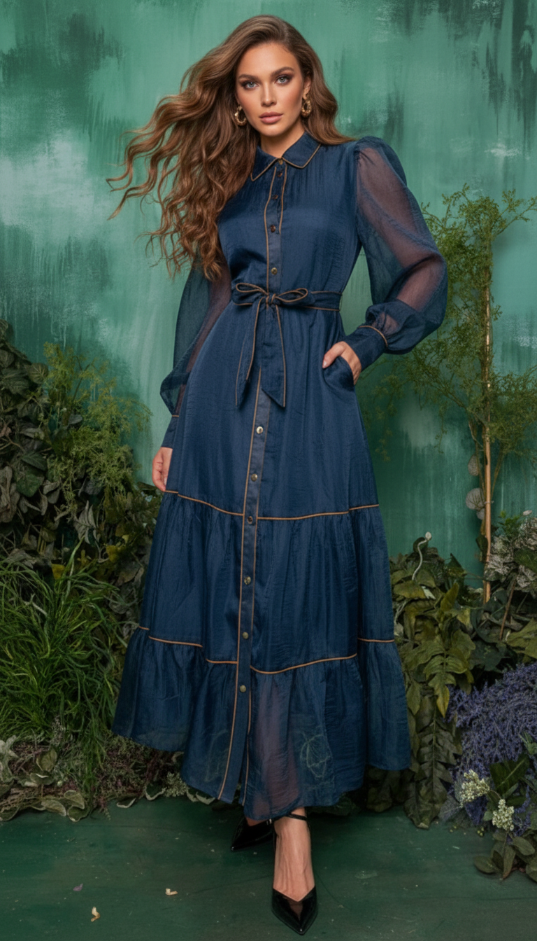 Navy Blue Sheer button down long cuff sleeves long dress with belt