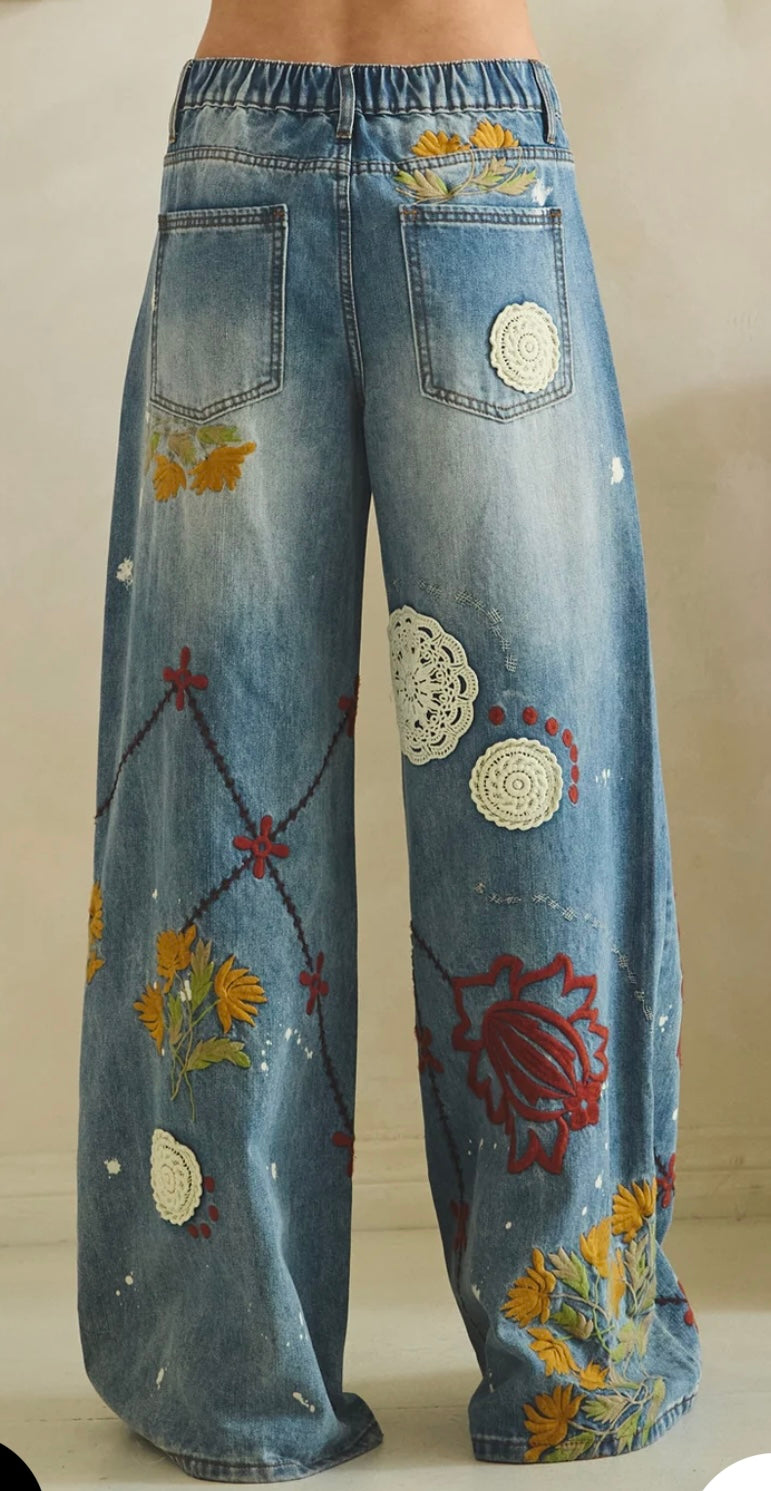WASHED EMBROIDERY WIDE LEG DENIM PANTS - PREORDER