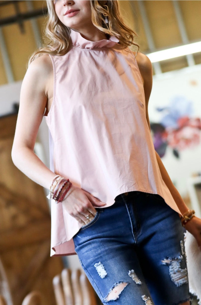 Ruffle Neck Tie Back Top - Soft Pink - Bellasbylola.com