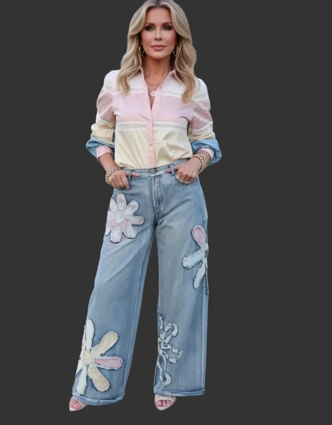 Dusty Blue Color Block Lace Trim Tiered Cotton Blouse - Arriving 9/25/26