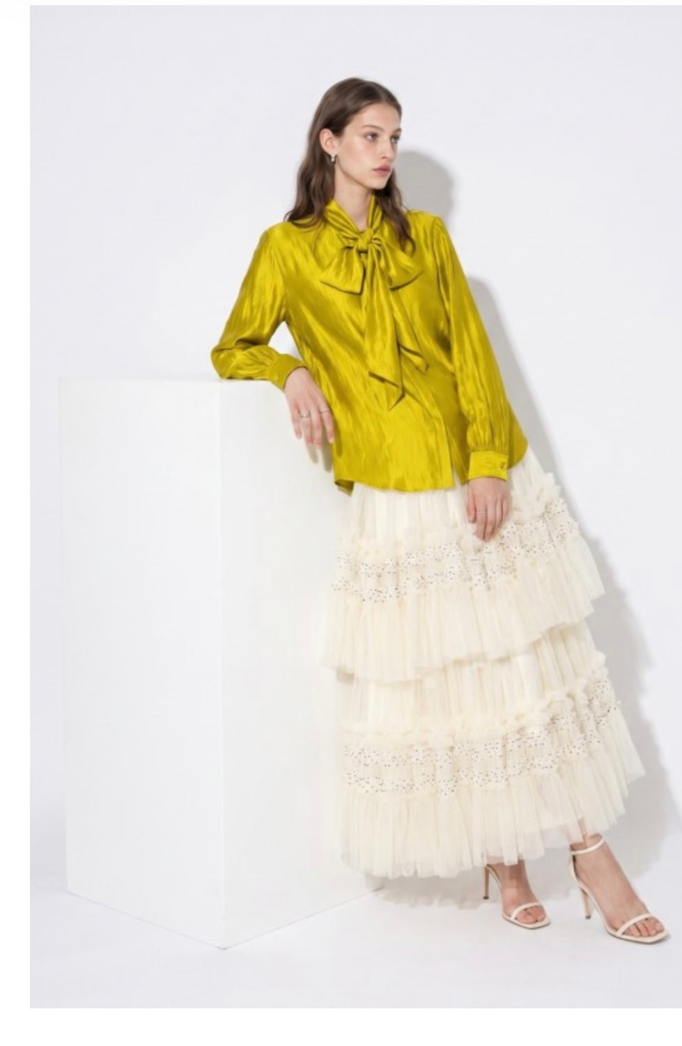 Chartreuse Tie Neck Satin Long Sleeve Premium Blouse -PREORDER