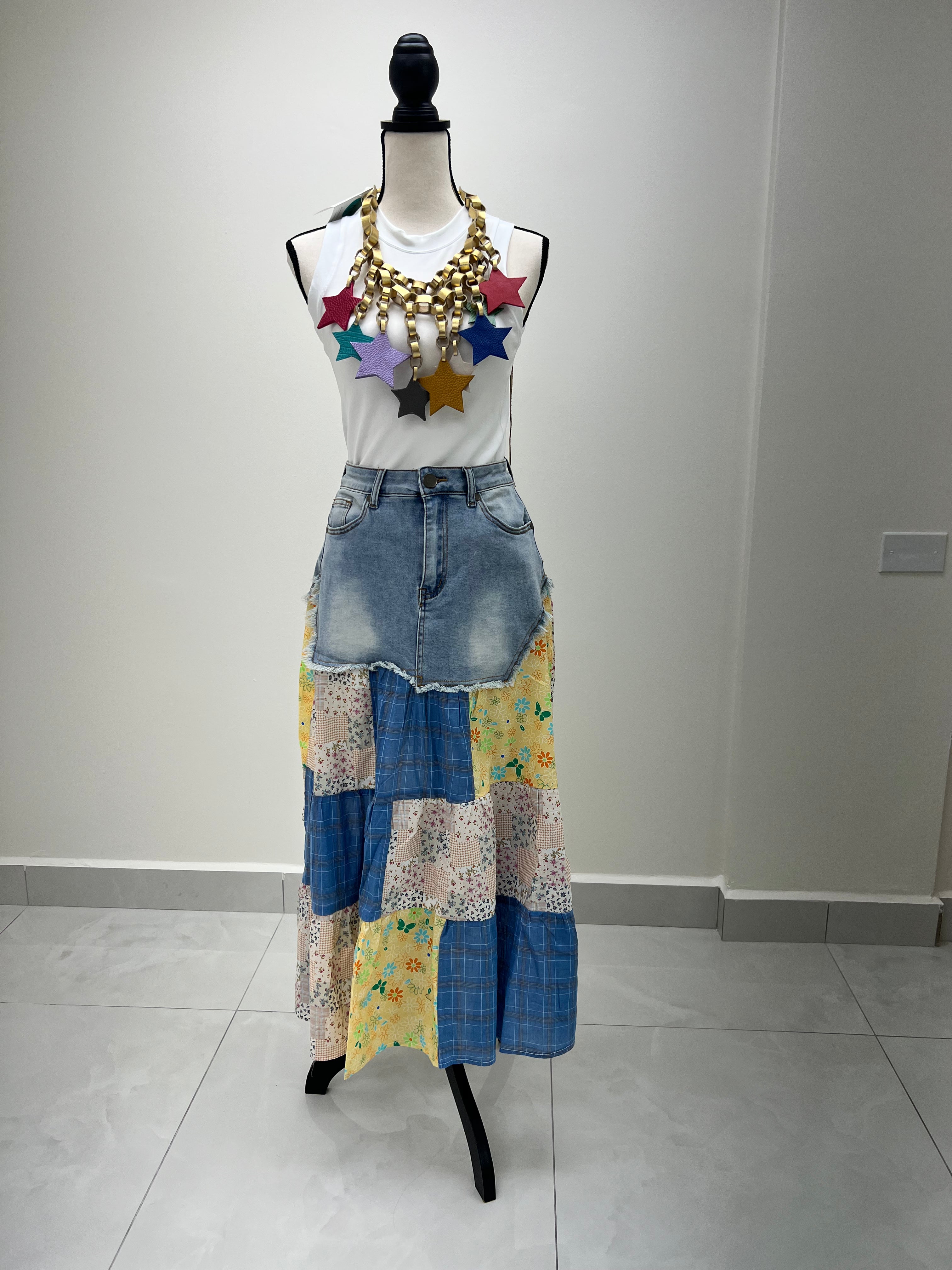 PATCHWORK PRINTED DENIM MAXI SKIRT