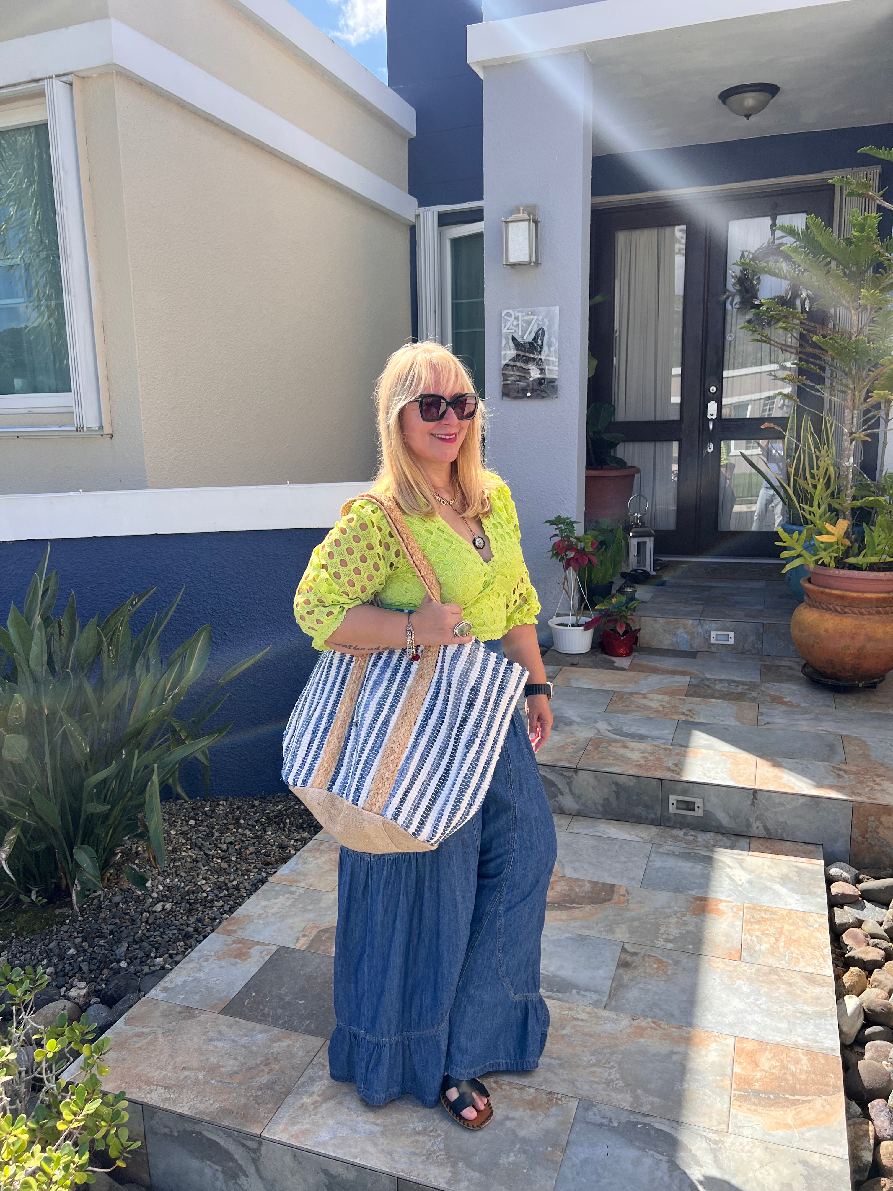 Big Vintage look Striped Denim Tote Bag