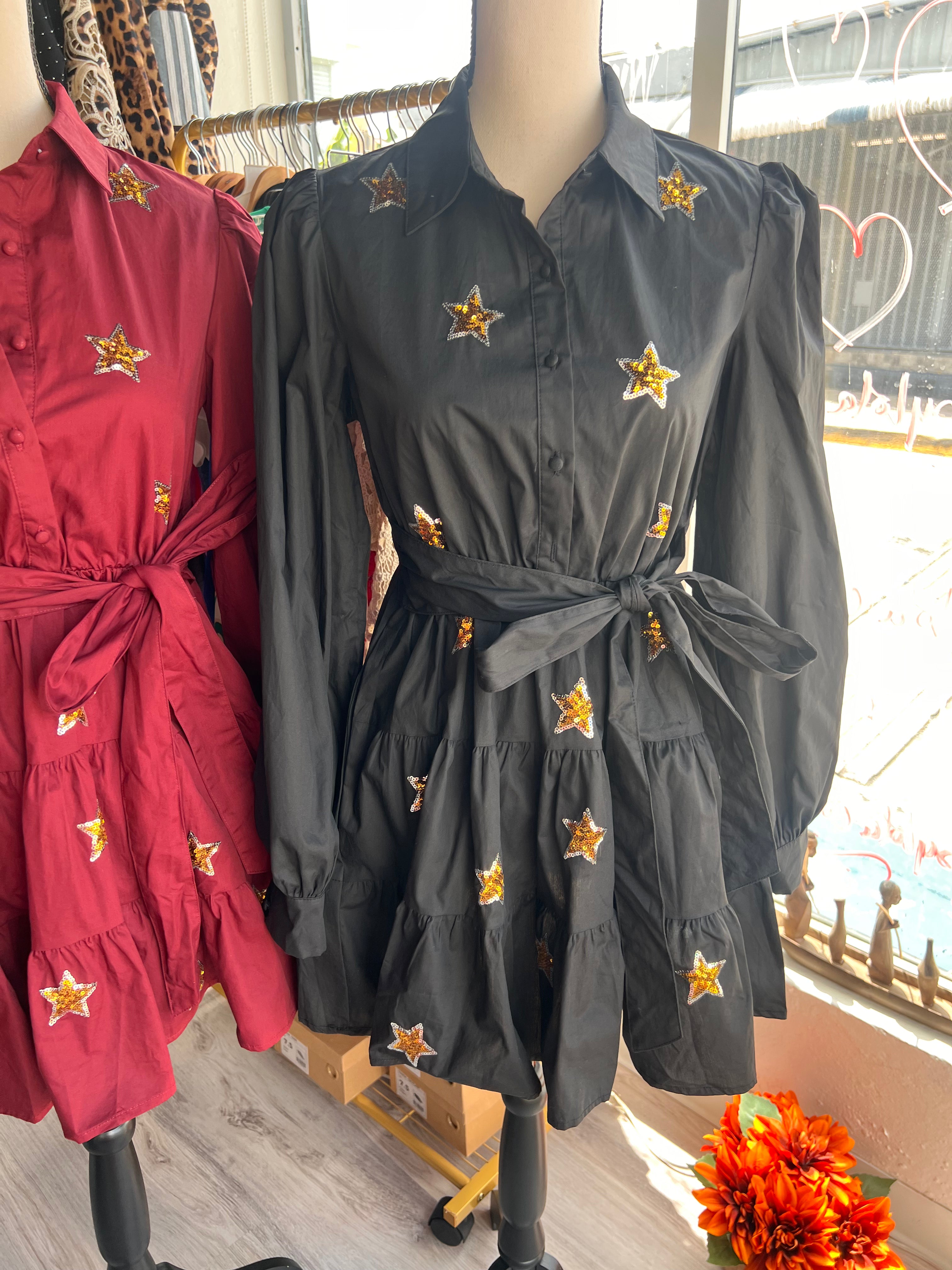 Black Gold Star Appliqué Mini Dress