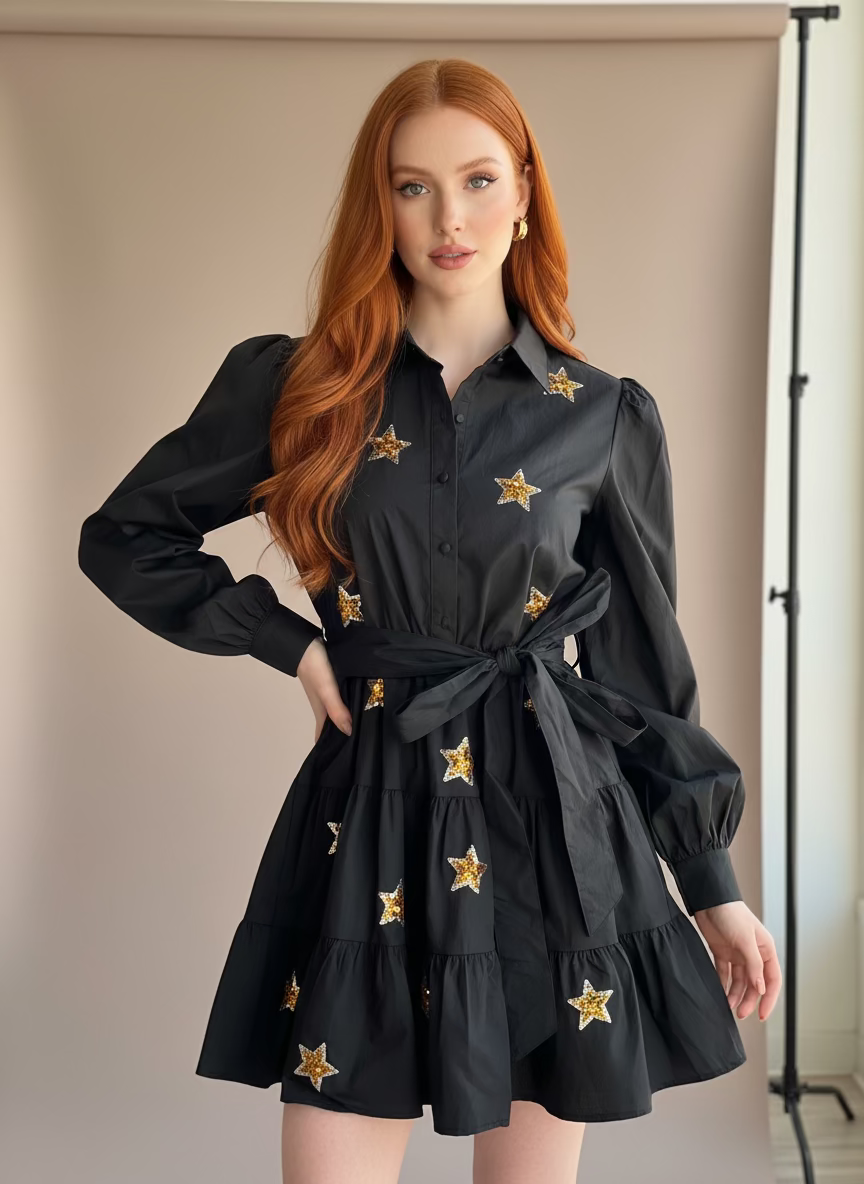 Black Gold Star Appliqué Mini Dress