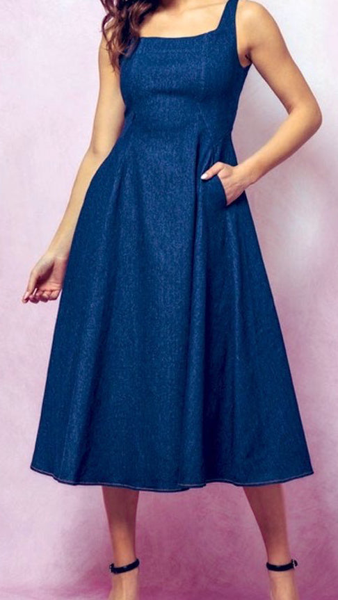A - line Midi Dark Denim Dress - New 💫 - Bella Boutique & Bellasbylola.com