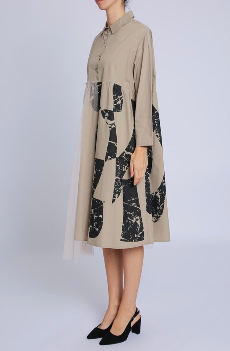 Asymmetric Tulle Abstract Print Shirt Dress - Fits from small thru large - Premium Clothing - Bellasbylola.com