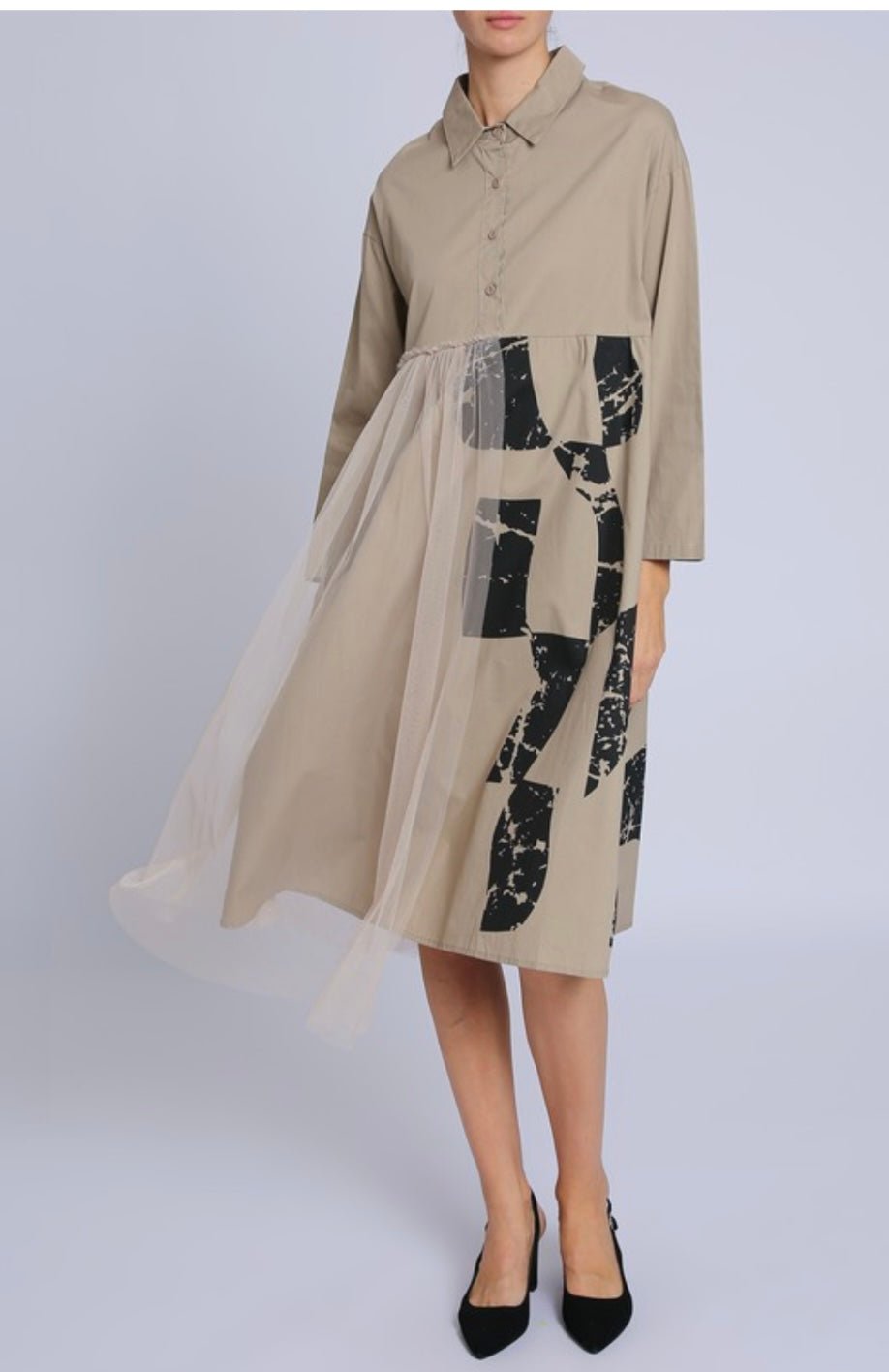 Asymmetric Tulle Abstract Print Shirt Dress - Fits from small thru large - Premium Clothing - Bellasbylola.com