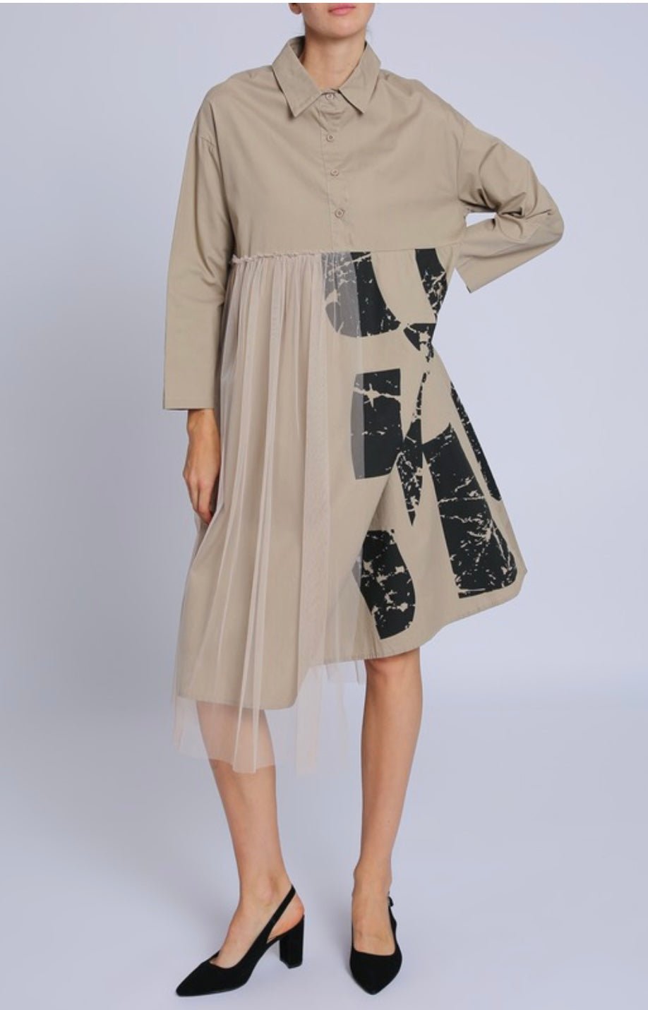 Asymmetric Tulle Abstract Print Shirt Dress - Fits from small thru large - Premium Clothing - Bella Boutique & Bellasbylola.com