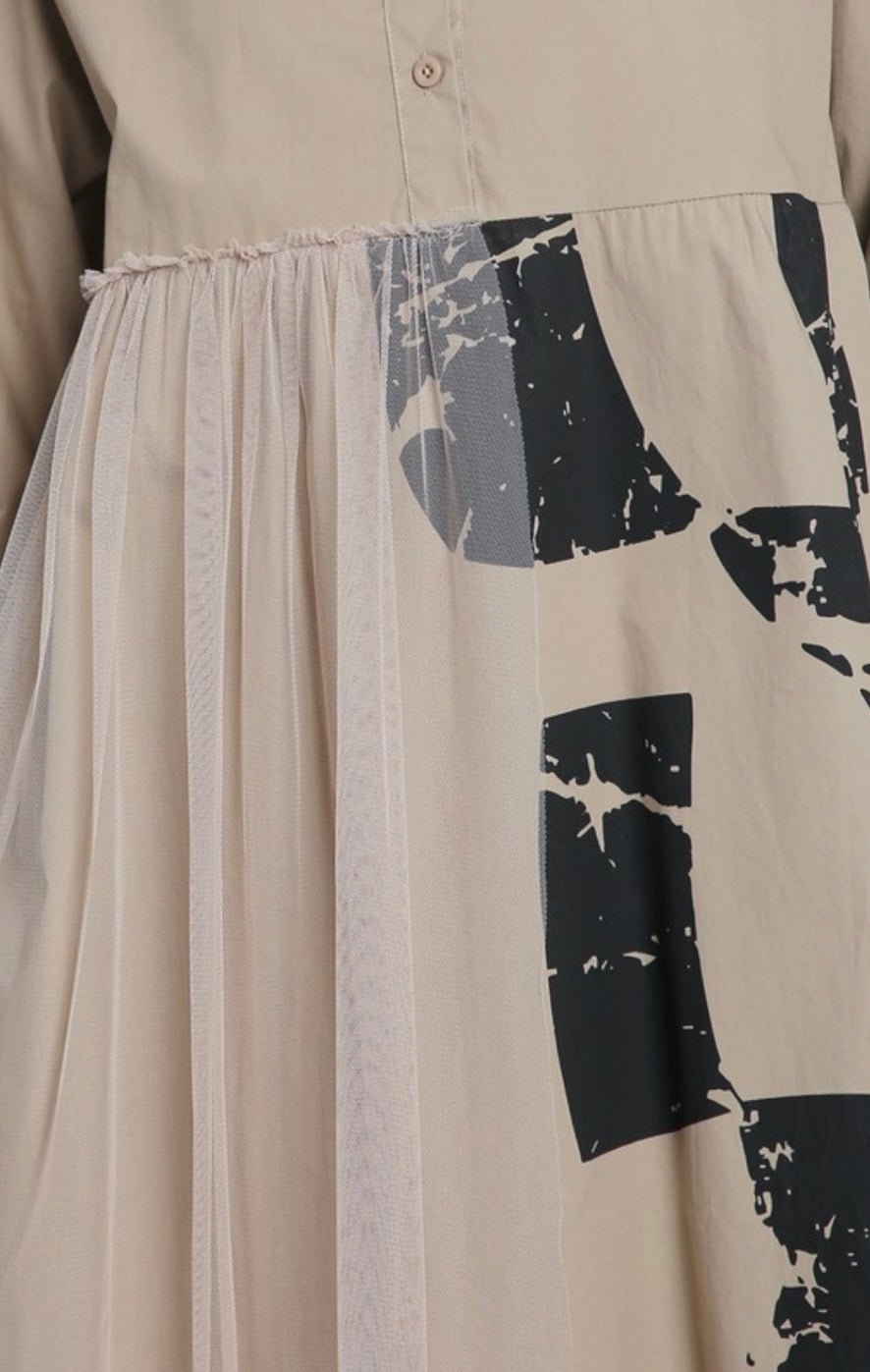 Asymmetric Tulle Abstract Print Shirt Dress - Fits from small thru large - Premium Clothing - Bella Boutique & Bellasbylola.com