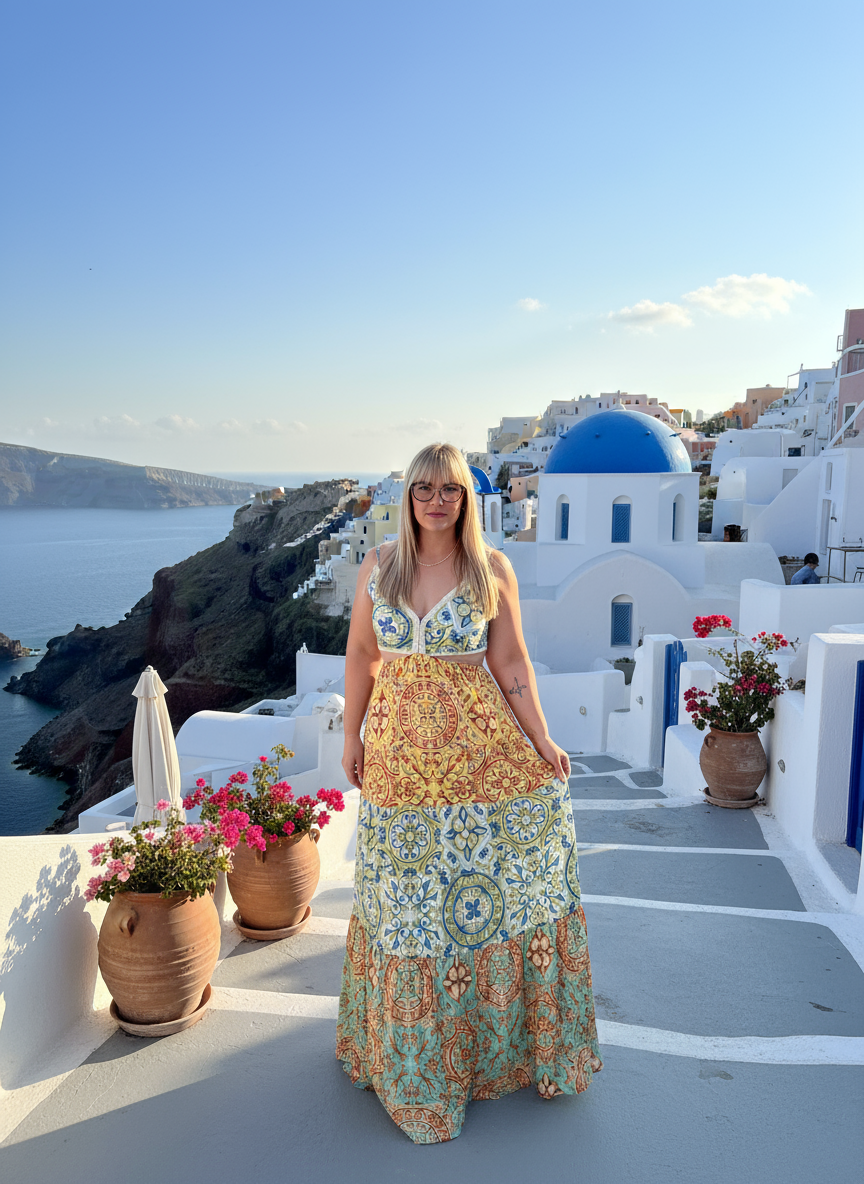 Colorful Spaghetti Strap Maxi Dress with Cutout Waist & V-Neck