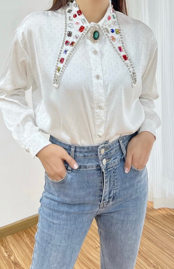 Beaded Crystals White Blouse - Bella Boutique & Bellasbylola.com