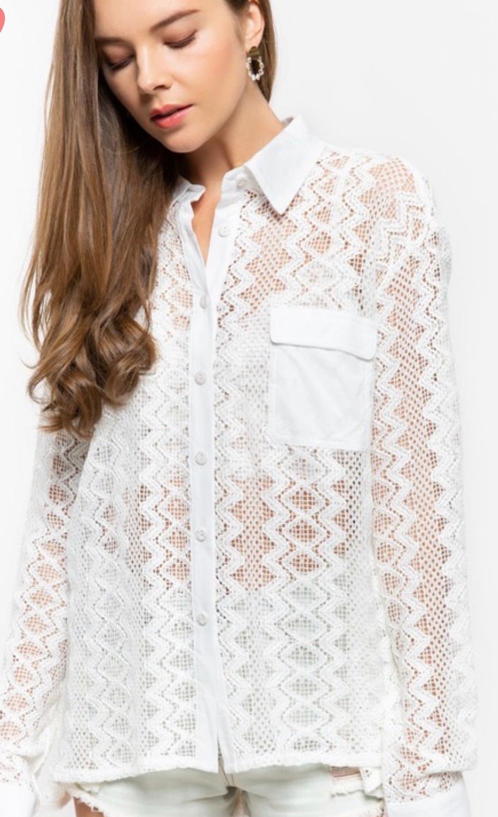 Relaxed Fit Lace Woven Shirt - Button Down Closure, Long Sleeve, 100% Cotton - Size Large - Bella Boutique & Bellasbylola.com