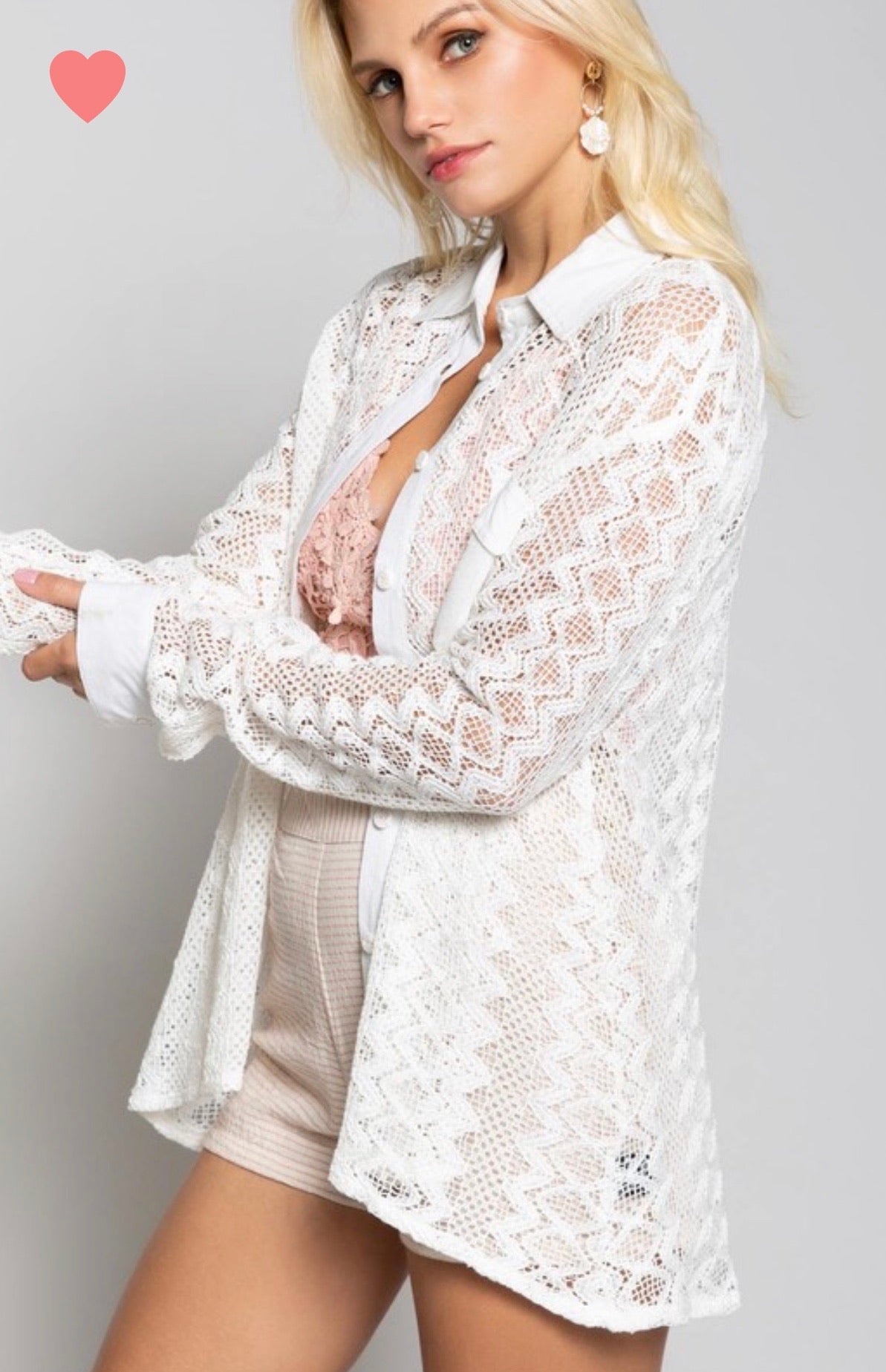 Relaxed Fit Lace Woven Shirt - Button Down Closure, Long Sleeve, 100% Cotton - Size Large - Bella Boutique & Bellasbylola.com