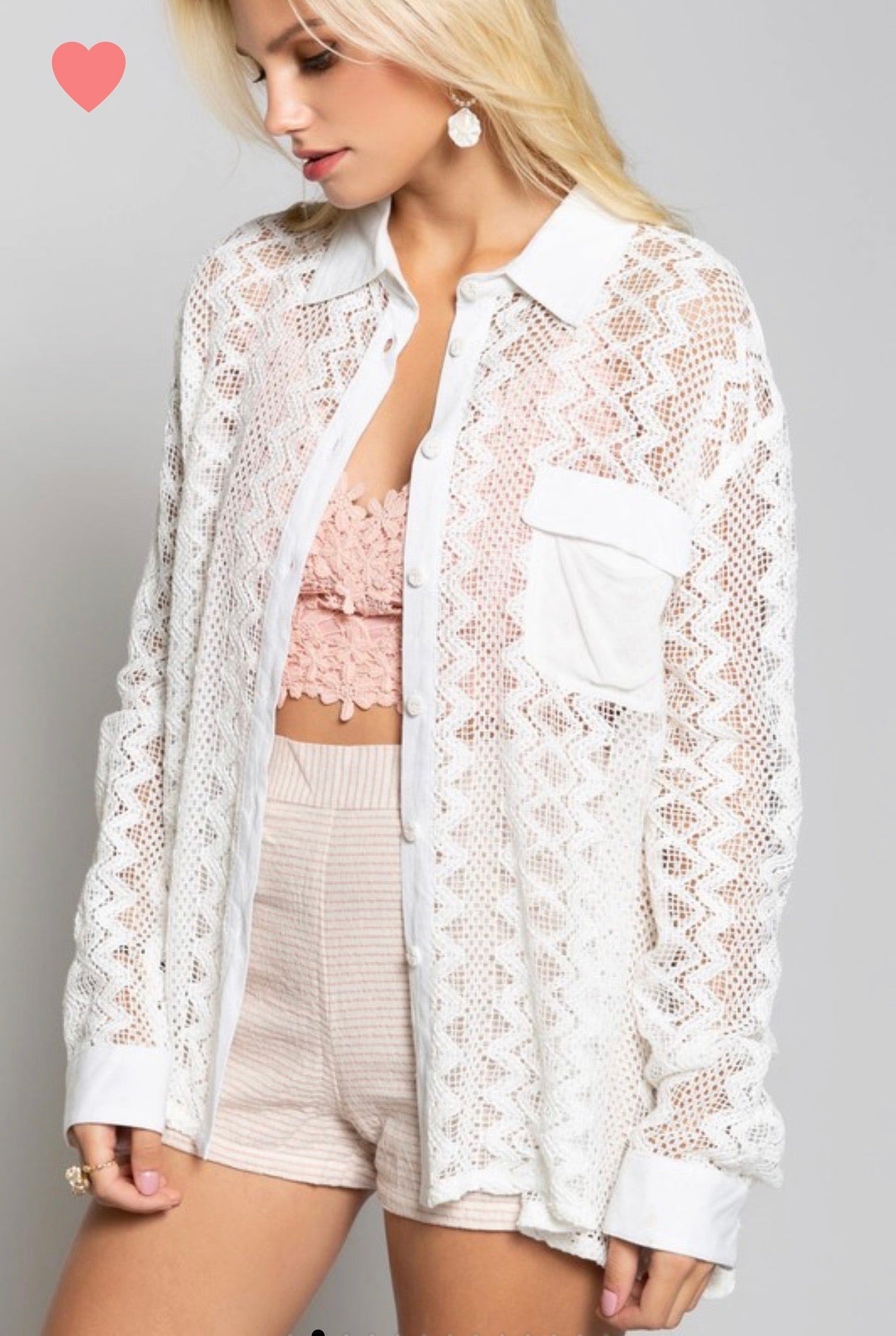 Relaxed Fit Lace Woven Shirt - Button Down Closure, Long Sleeve, 100% Cotton - Size Large - Bella Boutique & Bellasbylola.com
