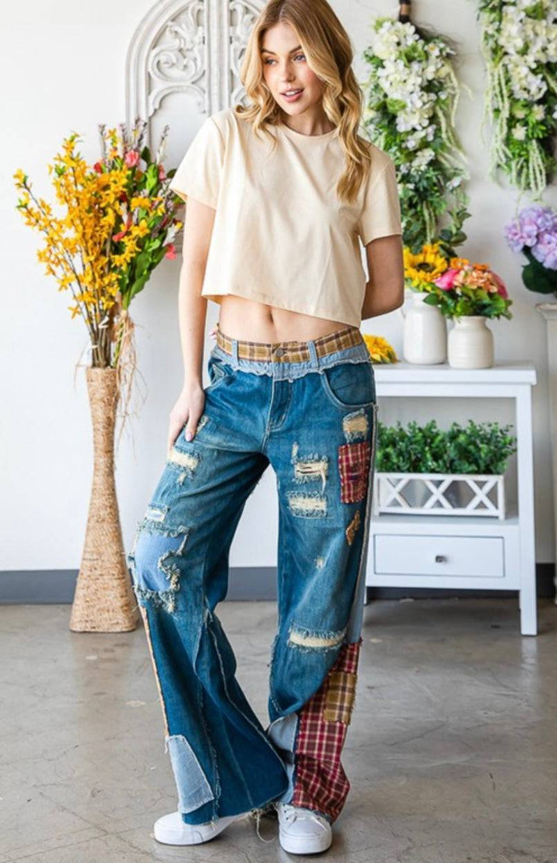 Patch Denim Detail Pants - Bella Boutique & Bellasbylola.com