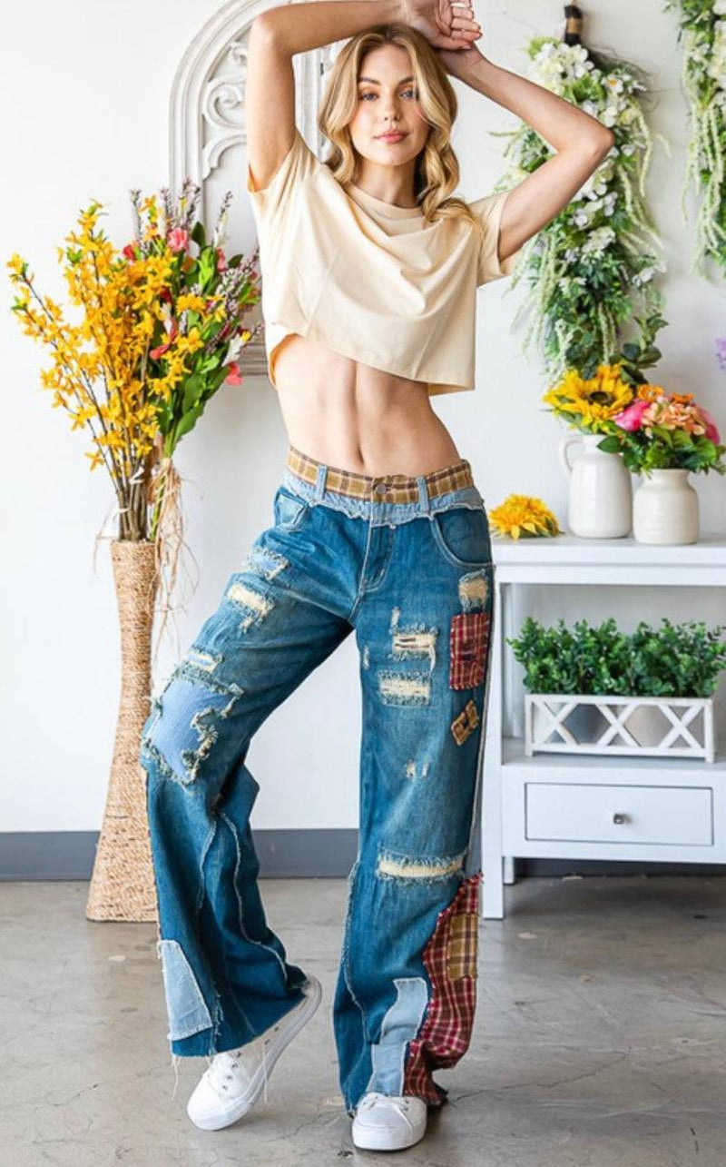 Patch Denim Detail Pants - Bella Boutique & Bellasbylola.com