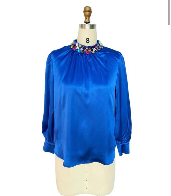 Crystals Neck Blue Cobalt Blouse - Bella Boutique & Bellasbylola.com