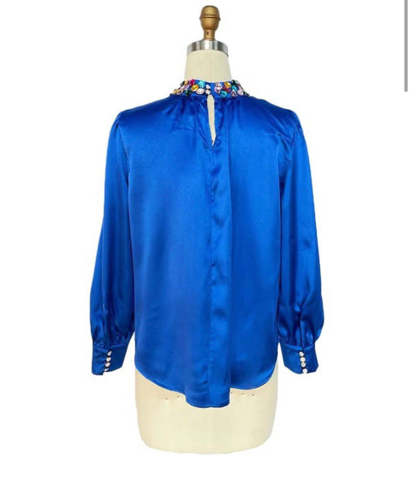 Crystals Neck Blue Cobalt Blouse - Bella Boutique & Bellasbylola.com