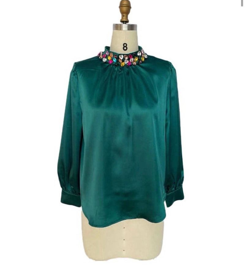 Crystals Neck Teal Blouse - Bella Boutique & Bellasbylola.com