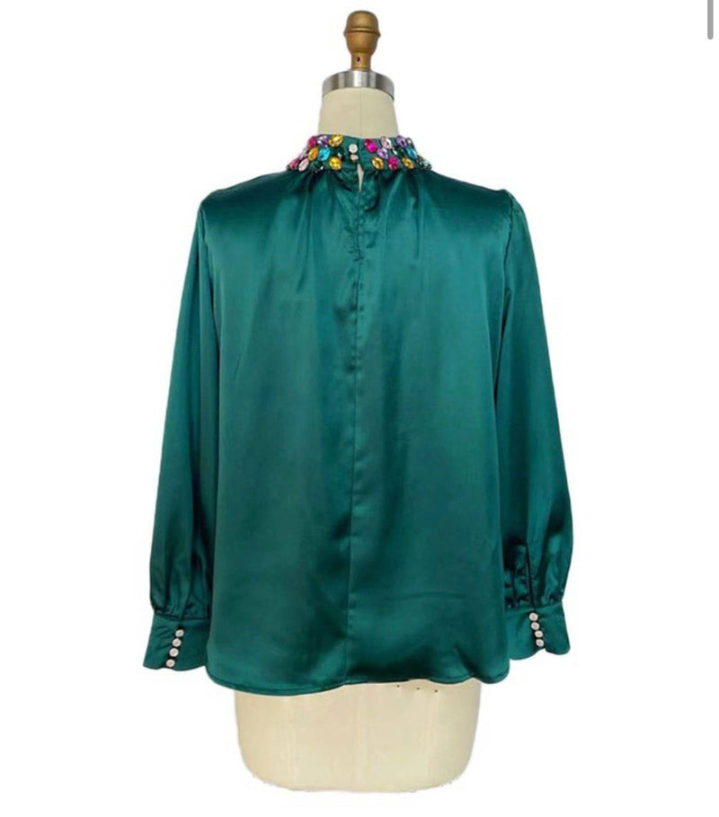 Crystals Neck Teal Blouse - Bella Boutique & Bellasbylola.com