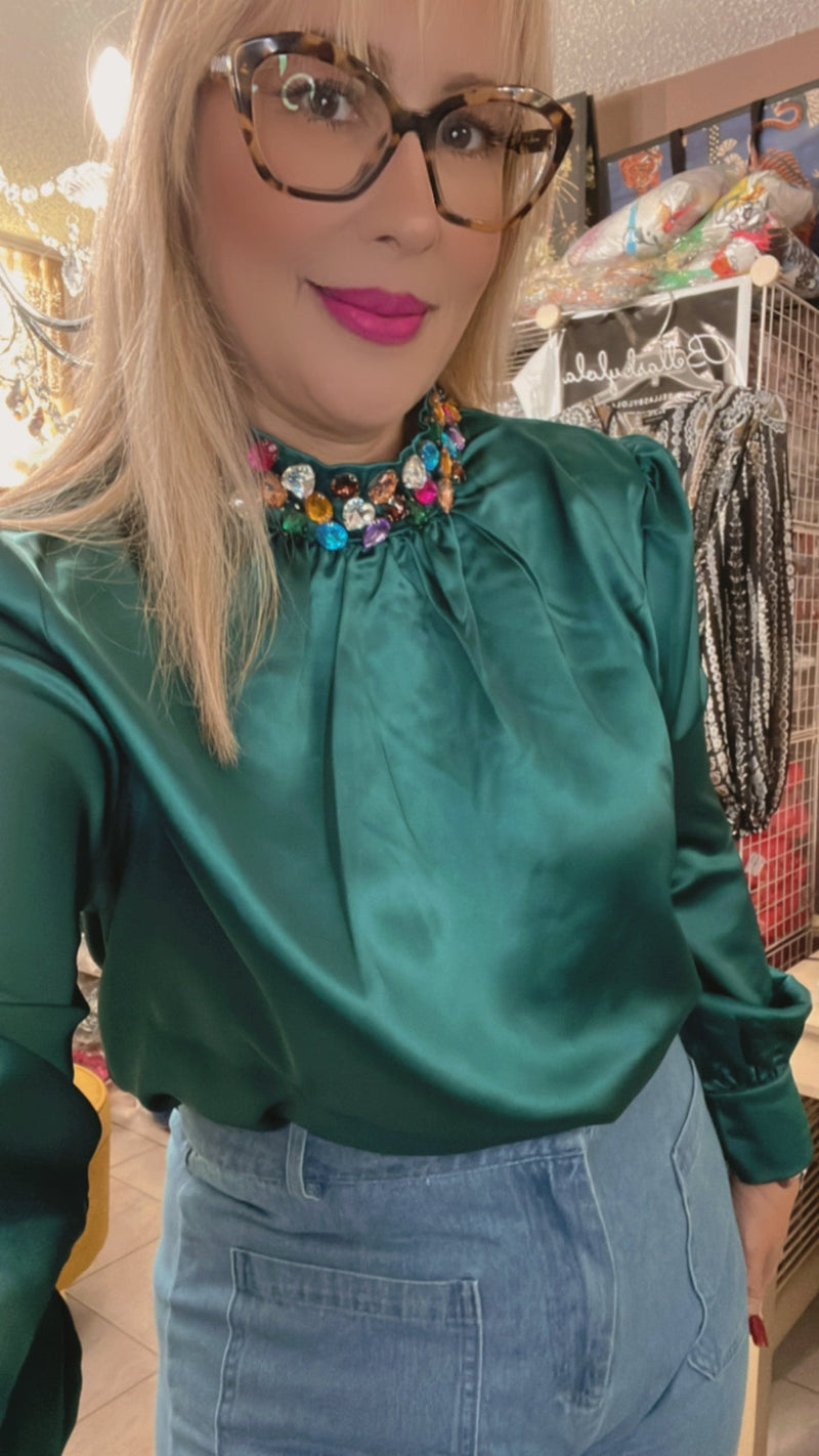 Crystals Neck Teal Blouse - Bella Boutique & Bellasbylola.com