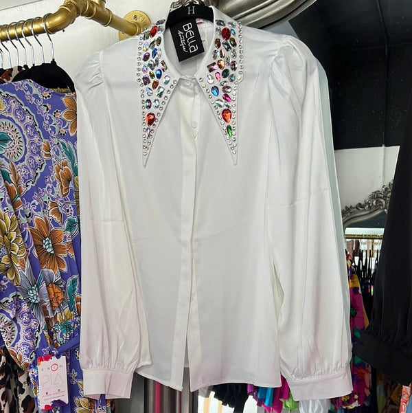 White Embellished Crystals Blouse - Bella Boutique & Bellasbylola.com