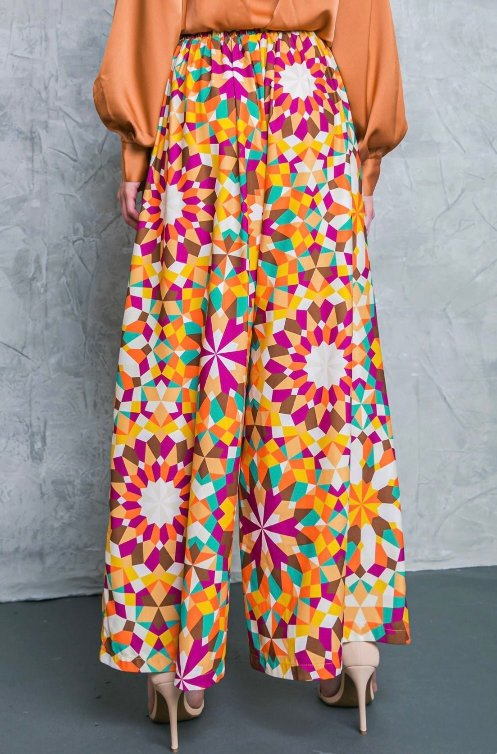 Luxury Berry Teal Rust Palazzo Pants - Elastic Waist, Wide Leg -100% Polyester - Sophisticated Style - Bellasbylola.com