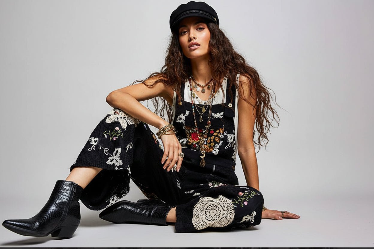 Black Lace Wide Leg Overall with crochet - Bella & Bellasbylola.com