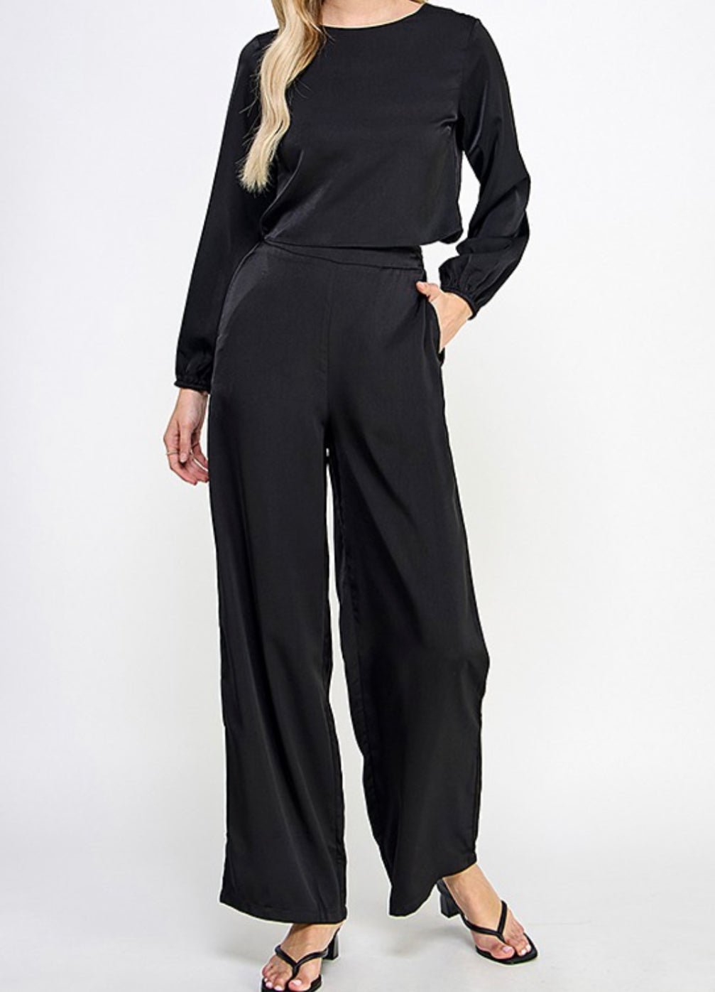 Black Satin Open Back Set: Elegant Statement Piece - Bella Boutique & Bellasbylola.com