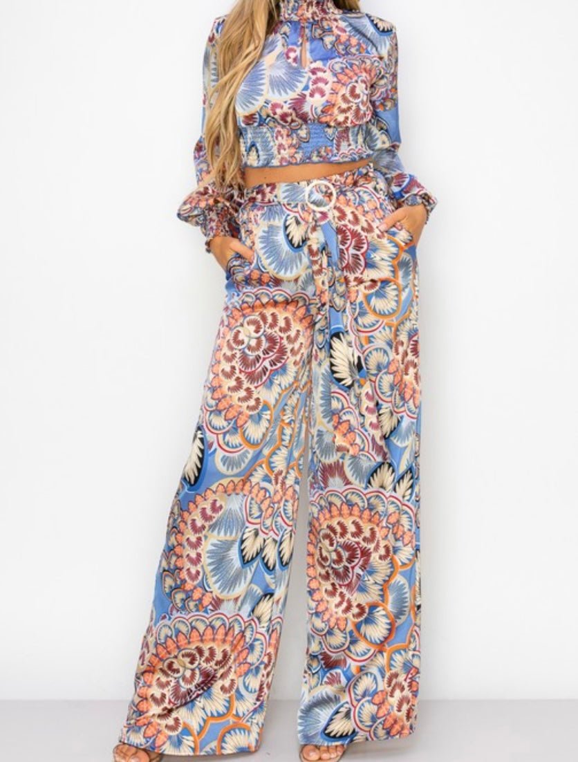 Blue Daniela Set: Luxe printed satin for a sophisticated look at any event! - Bella Boutique & Bellasbylola.com